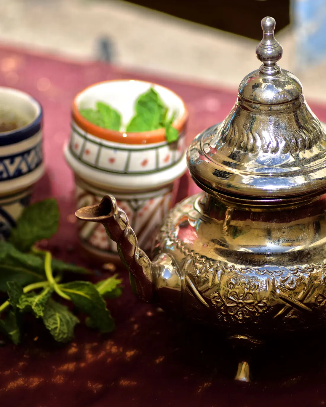 Mint tea served on a tray in Fès